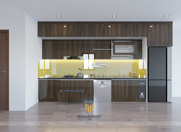 Tủ bếp inox cánh Acrylic vân gỗ kịch trần
