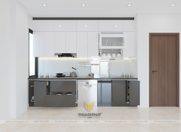 Tủ bếp inox cánh Acrylic chữ i ghi trắng