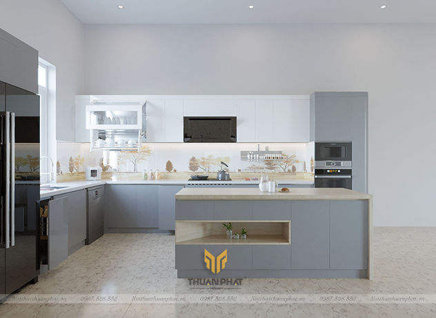Tủ bếp nhựa Acrylic trắng ghi kèm đảo bếp