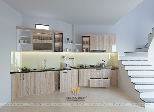 Tủ bếp inox cánh Acrylic cạnh cầu thang