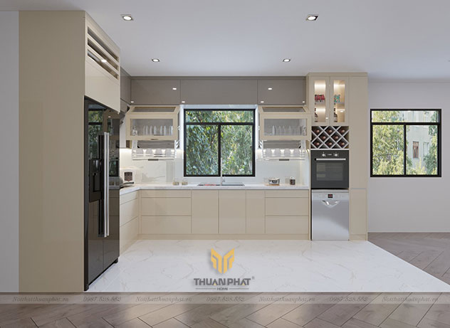 Tủ bếp nhựa Acrylic với tủ rượu độc đáo