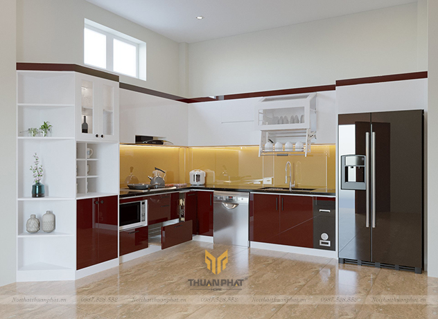 Tủ bếp nhựa Acrylic đỏ đun + trắng