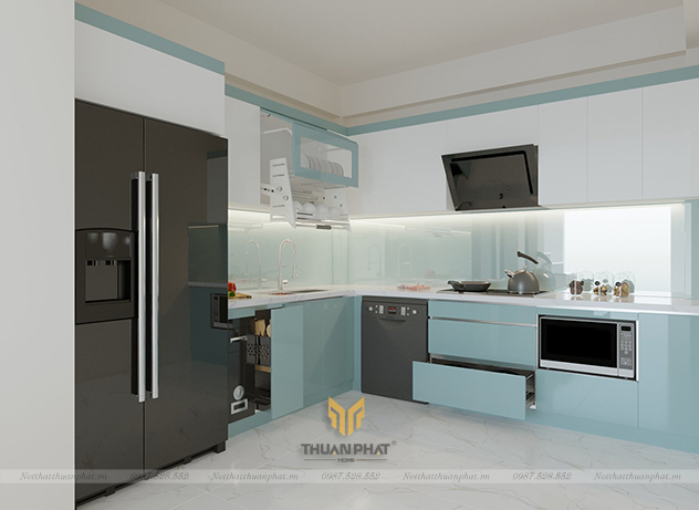 Tủ bếp nhựa Acrylic xanh trắng