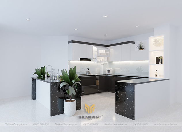 Tủ bếp nhựa Acrylic có bar, bàn đảo