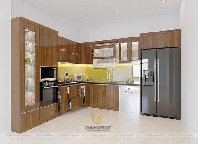 Tủ bếp Acrylic AC307 vân gỗ chữ L