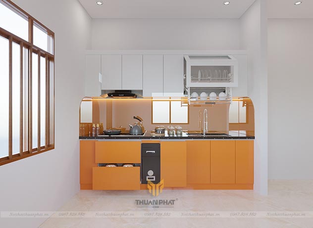 Tủ bếp Acrylic mẫu cam nổi bật