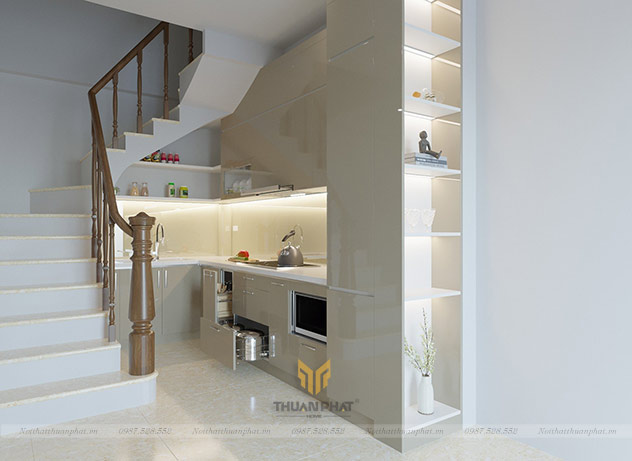 Tủ Bếp Acrylic dưới gầm cầu thang nhà ống
