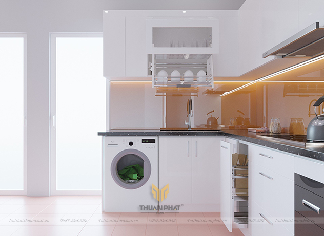 Tủ Bếp Acrylic chữ L màu trắng AC315