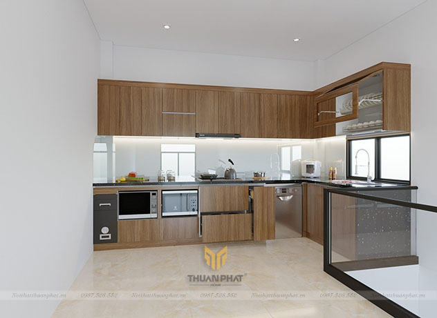 Tủ Bếp Acrylic chữ L vân gỗ AC317