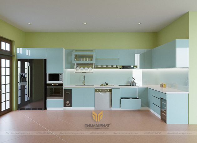 Tủ Bếp Acrylic chữ L màu xanh AC318
