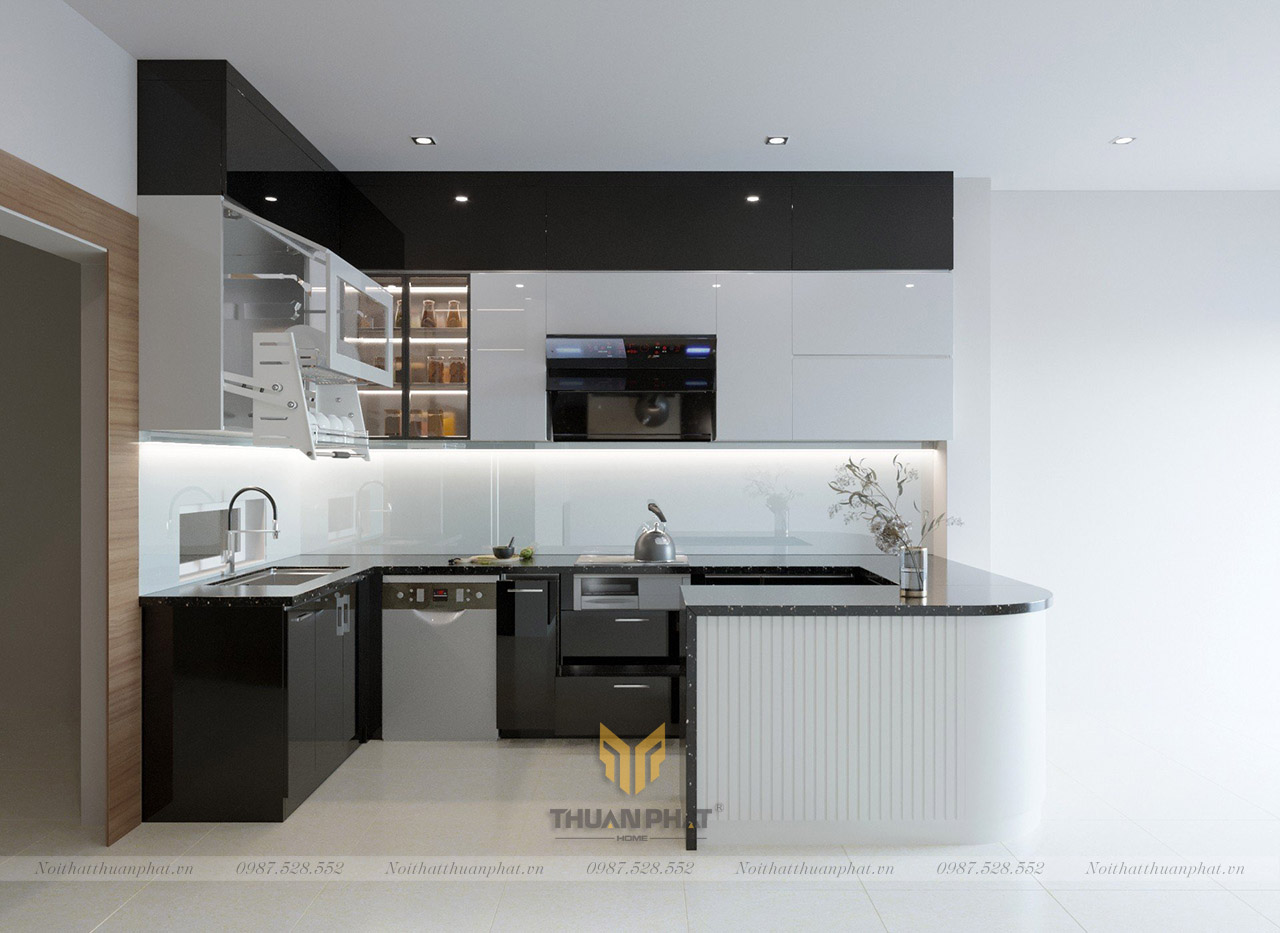 Tủ Bếp Acrylic chữ L màu đen AC321