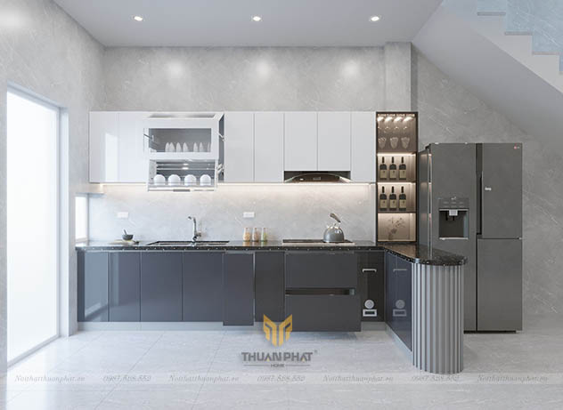 Tủ Bếp Acrylic liền phòng khách hiện đại