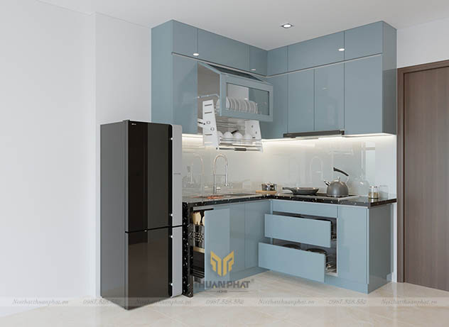 Tủ Bếp Acrylic xanh xám hiện đại, cao kịch trần