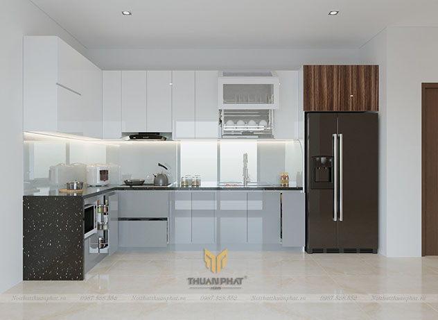 Tủ Bếp Acrylic chữ L đơn giản AC330