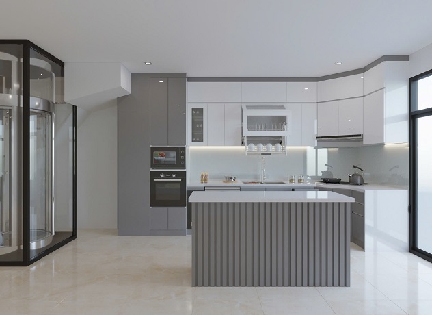 Tủ Bếp Acrylic màu xám trắng kèm bàn đảo tiện lợi