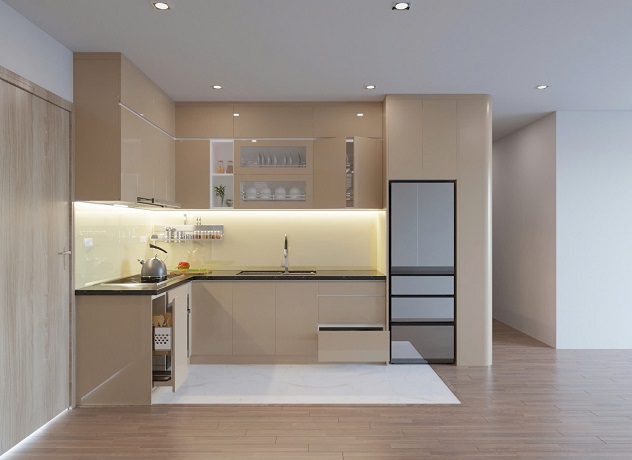 Tủ Bếp Acrylic kiểu dáng chữ L cho căn hộ chung cư
