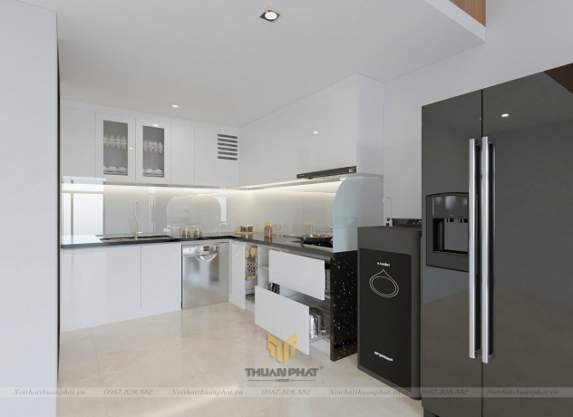 Tủ Bếp Acrylic màu trắng kiểu dáng chữ L AC341