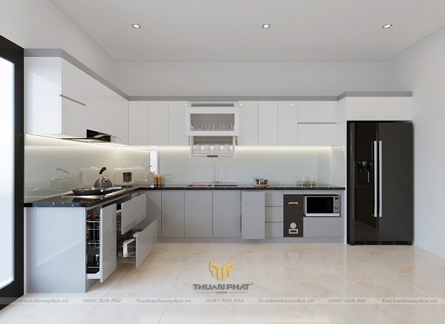 Tủ Bếp Acrylic kiểu dáng chữ L màu trắng xám AC345