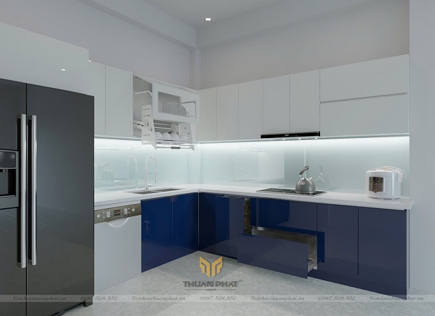 Tủ Bếp Acrylic chữ L màu trắng xanh AC349