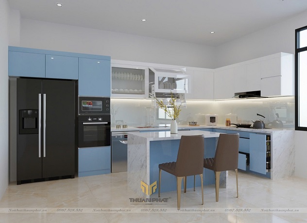 Tủ Bếp Acrylic chữ L kết hợp bàn đảo AC353