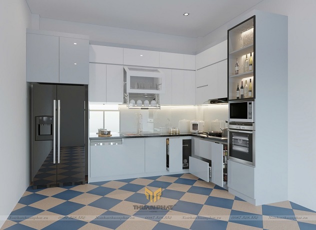 Tủ Bếp Acrylic màu trắng xanh hiện đại AC355