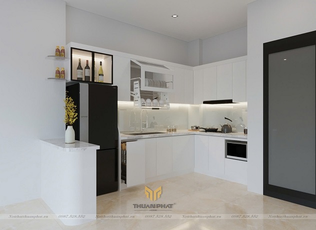 Tủ Bếp Acrylic chữ L kết hợp quầy bar nhỏ gọn AC362