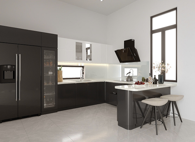 Tủ Bếp Acrylic màu trắng xanh thiết kế kịch trần AC369