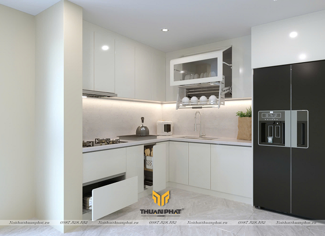 Tủ Bếp Acrylic chữ Lmàu trắng sữa AC371