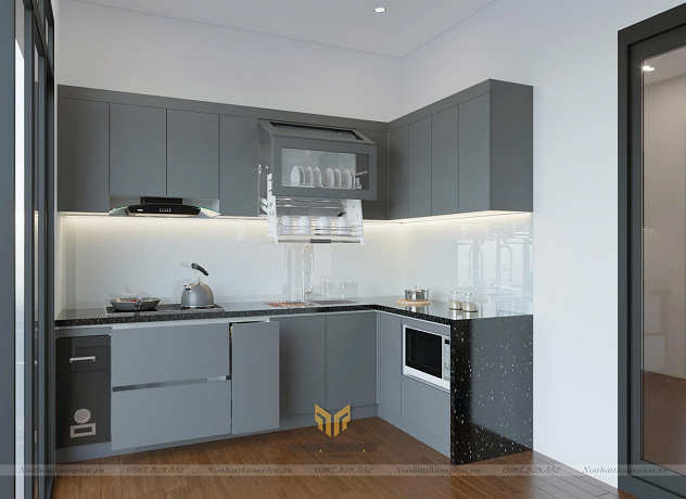 Tủ Bếp Acrylic chữ L màu ghi đậm hiện đại AC372