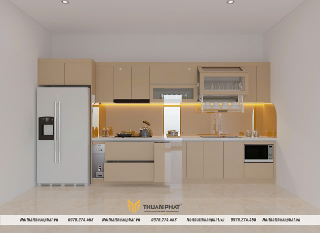 Tủ bếp nhựa cánh Acrylic màu vàng đồng tinh tế, thanh lịch