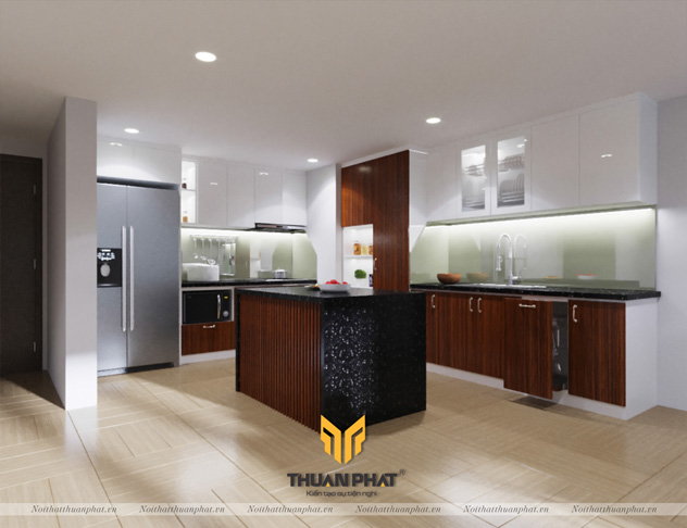 Tủ Bếp Acrylic & Laminate có bàn đảo sang trọng