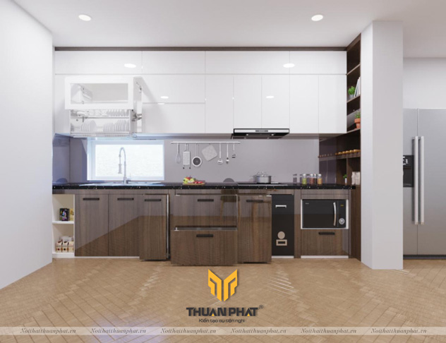 Tủ Bếp Acrylic vân gỗ kết hợp tủ rượu trang trí