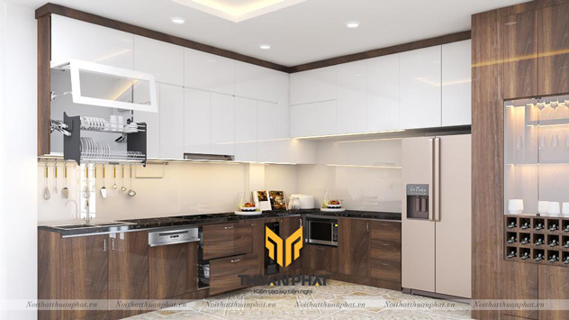 Tủ Bếp nhựa Acrylic vân gỗ kết hợp tủ rượu trang trí