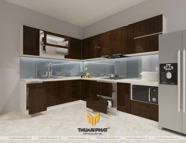 Tủ bếp Acrylic vân gỗ dáng chữ L