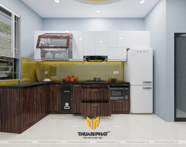 Tủ Bếp Acrylic vân gỗ hình chữ L