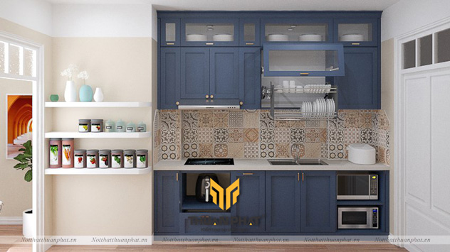 Tủ bếp MDF phun sơn Inchem màu Xanh đậm phong cách Vintage