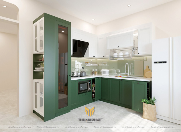 Tủ bếp MDF phun sơn màu Xanh đậm phong cách Vintage