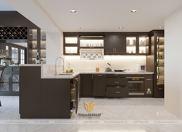 Tủ bếp MDF phun sơn màu nâu cà phê thời thượng