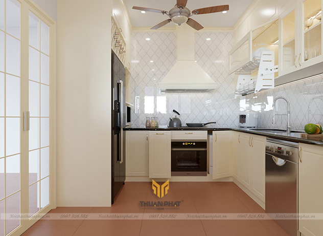 Tủ bếp  MDF phun sơn màu kem sang trọng