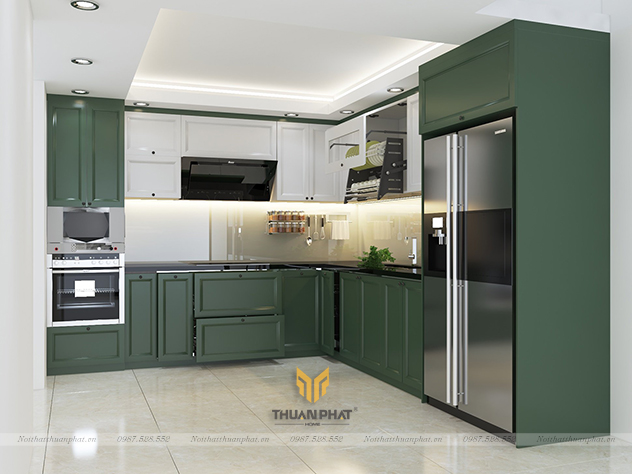 Tủ bếp MDF phun sơn xanh rêu kết hợp trắng