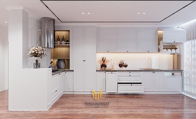 Tủ bếp MDF phun sơn trắng phong cách tân cổ