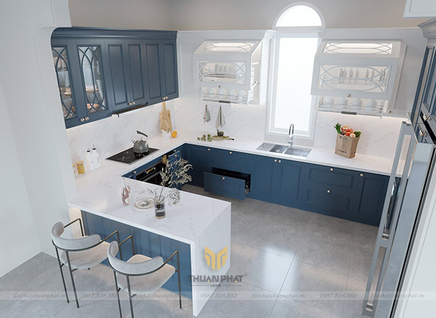 Tủ bếp MDF phun sơn trắng - xanh kiểu dáng Châu Âu