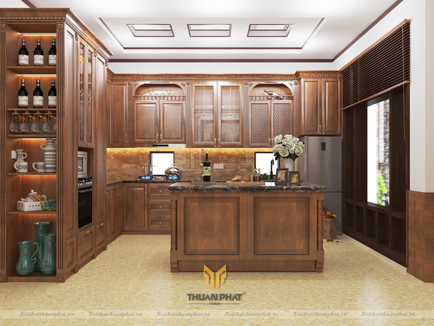 Tủ bếp gỗ Óc Chó tân cổ điển
