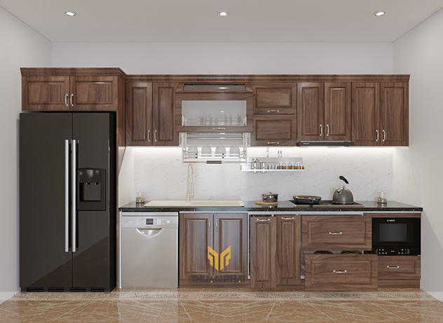 Tủ bếp gỗ Óc Chó chữ i đơn giản