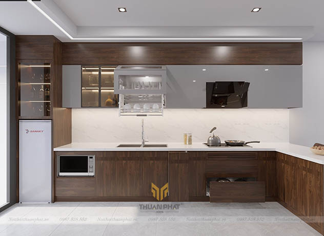 Tủ bếp gỗ Óc Chó thiết kế cánh phẳng hiện đại