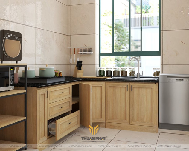 Tủ bếp gỗ sồi mỹ nhỏ mà đẹp