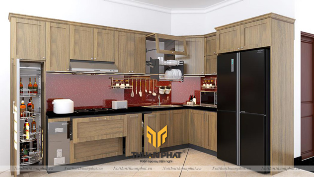 Tủ bếp gỗ Sồi Nga phun giả Óc chó SN17