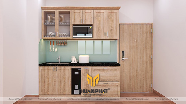 Tủ bếp gỗ Sồi Nga hình chữ I đơn giản mà đẹp
