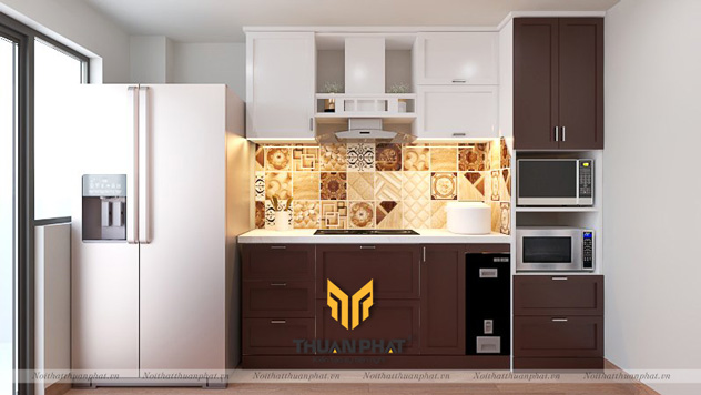 Tủ bếp gỗ Sồi Nga sơn màu nâu Cafe và trắng