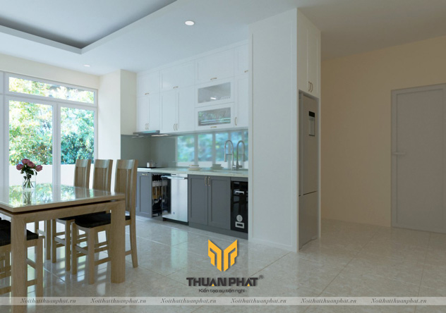 Tủ bếp gỗ Sồi Nga sơn Inchem trắng và xám